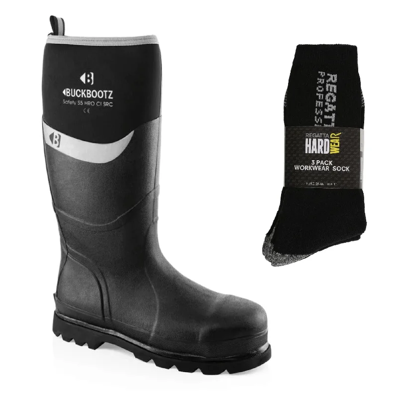 Buckbootz BBZ6000 Special Offer Pack - Buckler Insulated Neoprene Safety Wellington Boots + 2 Pack Wellies Socks