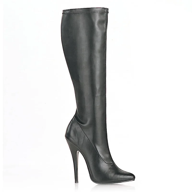 DOMINA-2000 Faux Leather Black Stiletto Knee High Boots