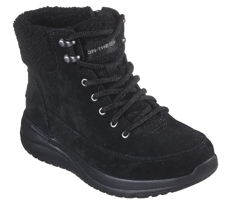 Skechers 144770 On The Go Stellar Winterize Ladies Black Leather & Textile Waterproof Lace Up Ankle Boots