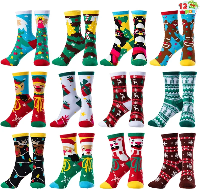 12 Pairs Christmas Cute Socks, Holiday Warm Soft Cotton Socks