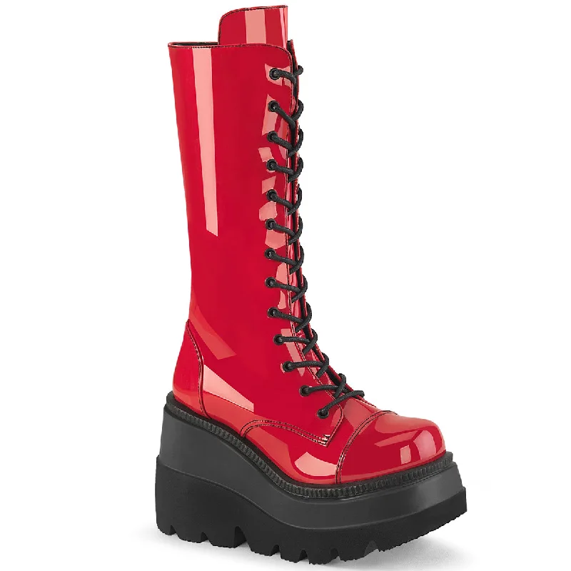 Knee High Red Goth Boots (Demonia Shaker-72)