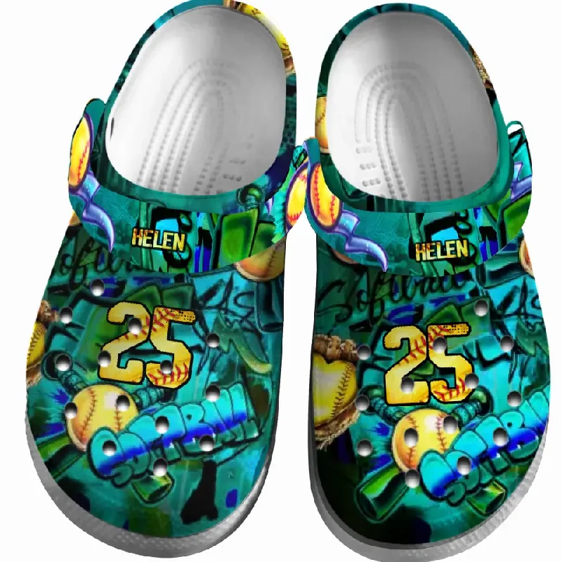 Softball Clogs Graffiti Art Teal Version Personalized Sport Gift