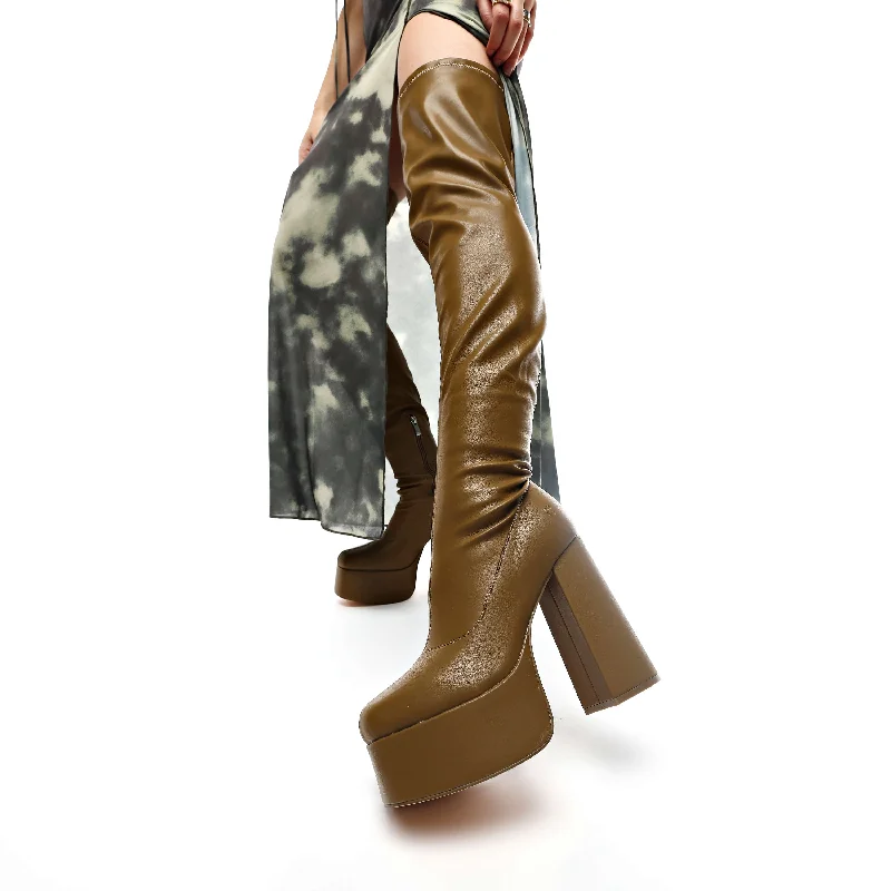 The Redemption Stretch Thigh High Boots - Khaki