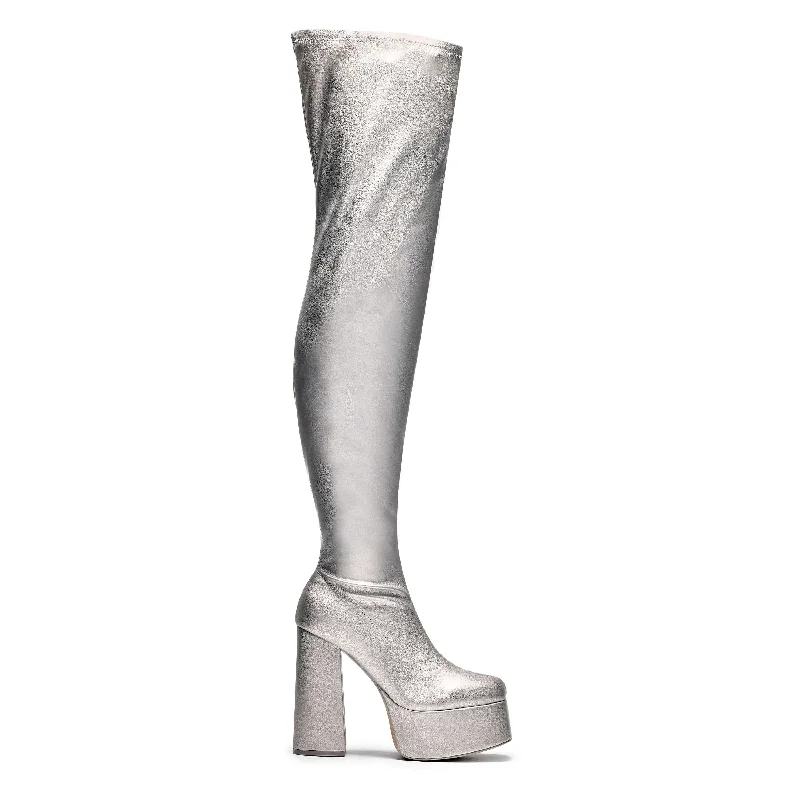 The Redemption Plus Size Thigh High Boots - Silver