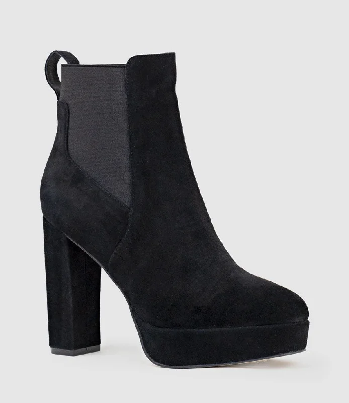 URSA110 Block Heel Platform Boot in Black Suede