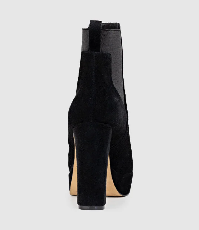 URSA110 Block Heel Platform Boot in Black Suede