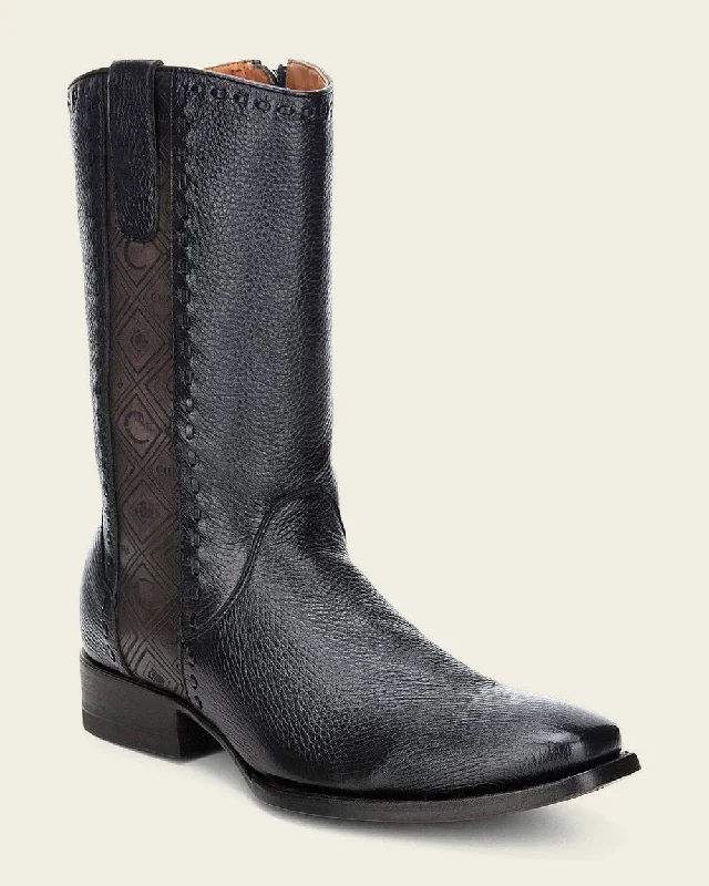 Dress cowboy boots, engraved black deer leather