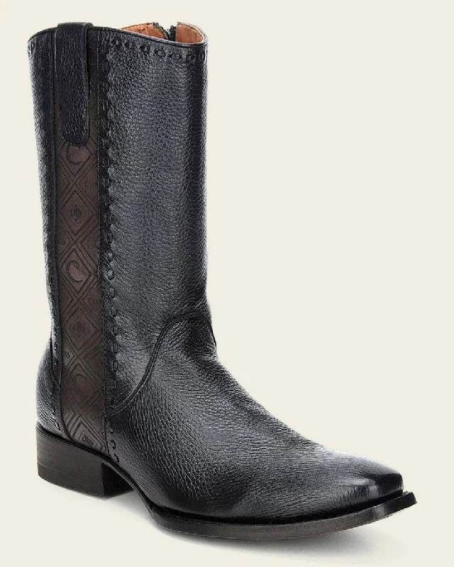 Dress cowboy boots, engraved black deer leather