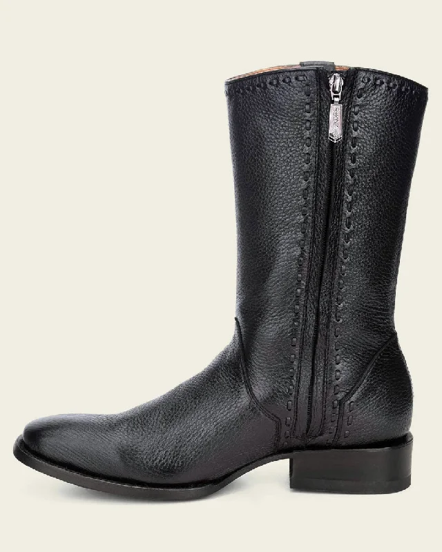 Dress cowboy boots, engraved black deer leather