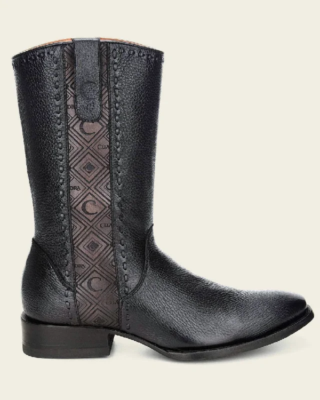 Dress cowboy boots, engraved black deer leather