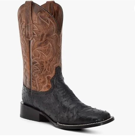 CIRCLE G MEN'S BLACK-TAN OSTRICH EMBROIDERY WIDE SQ. TOE, LEATHER SOLE, OSTRICH LEATHER, WESTERN BOOTS, L6140