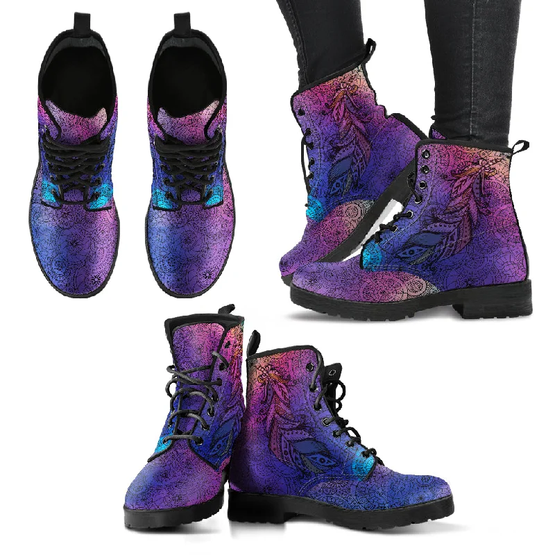 Purple Feather Mandala Vegan Leather Combat Boots