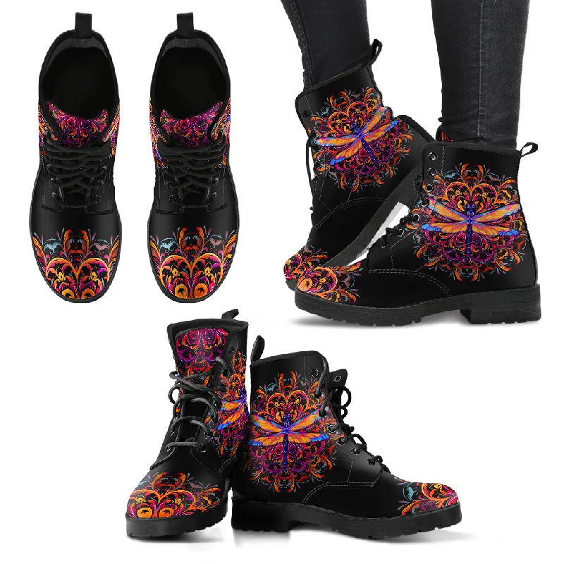 Bright Dragonfly Mandala Handcrafted Vegan Leather Combat Boots