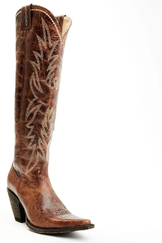 Gwennie Brown Tall Leather Western Boots - Snip Toe