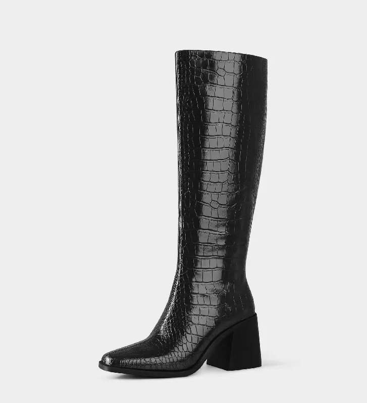 Inside Zipper Stone Pattern Knee High Boots