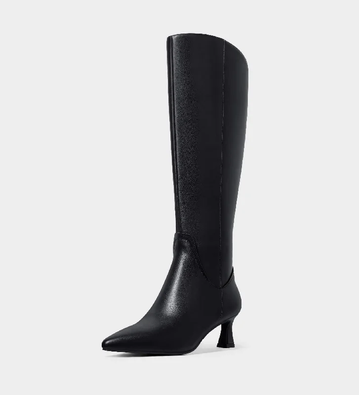 Kitten Heel Knee High Boots With Pointed Toe & Side Zippers