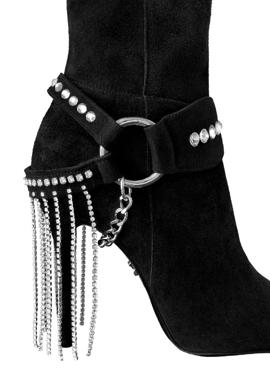 LACIA I CRYSTAL FRINGE STRETCH SUEDE THIGH-HIGH BOOTS