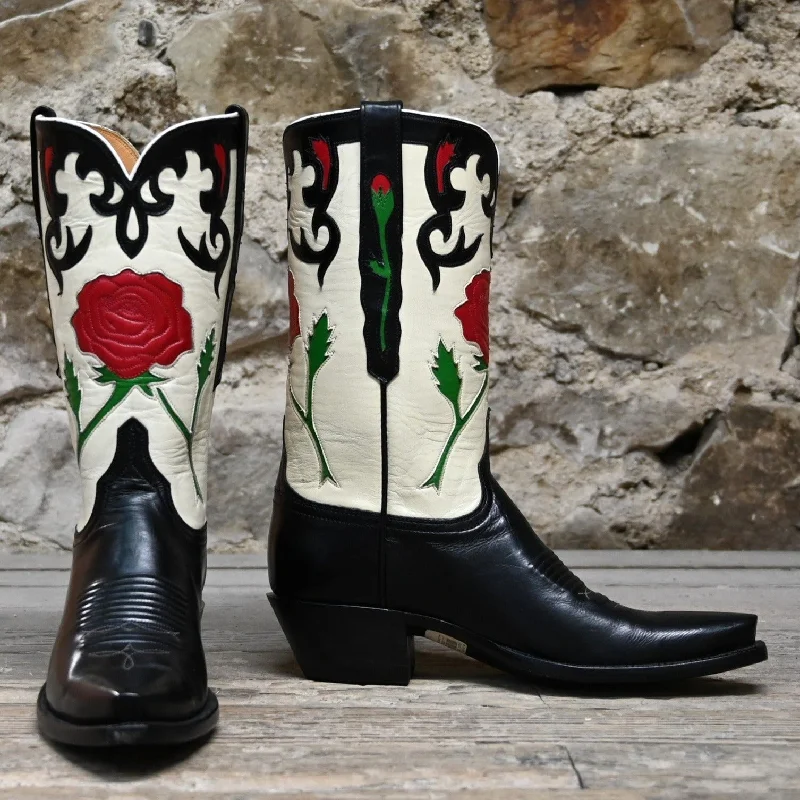 Ladies 13""Calf Goat Leather Boot In Black and Wheat W/Rose Inlay and Vintage Collar