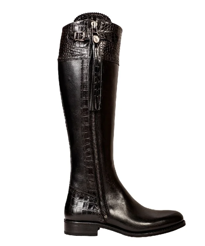 Tall Spanish Riding Boots Mock Croc Leather - Slight Calf