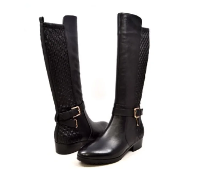 Naz Black Riding Boots with Quilted Back and Buckle - Stylish and Versatile for Any Occasion