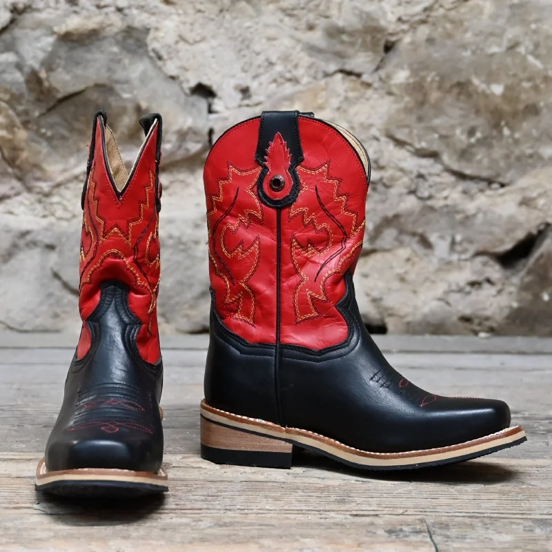 Kid's Boot- Red Top, Black Vamp, Square Toe and Heel