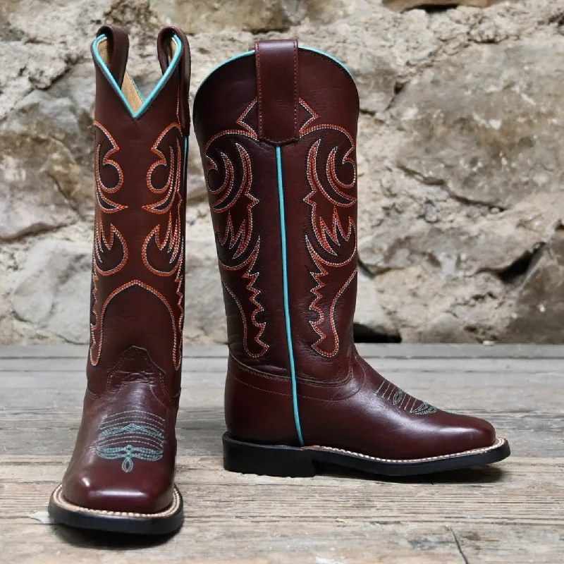 Kid's Tall Top Leather Boot In Chocolate W/Turquoise Piping