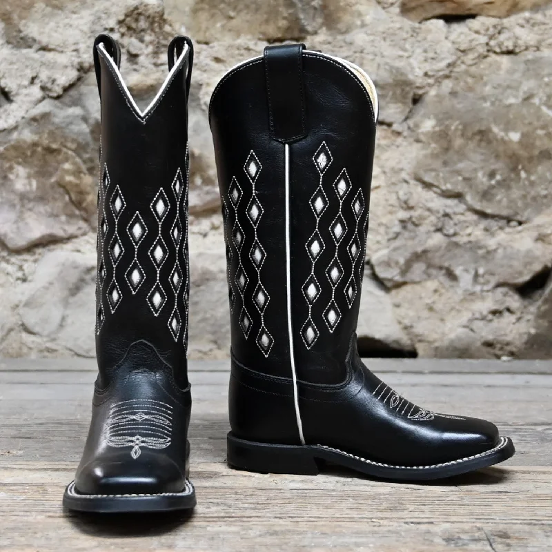 Kid's Tall Top Leather Boot In Black Horsebutt W/White Glove Diamond Inlay