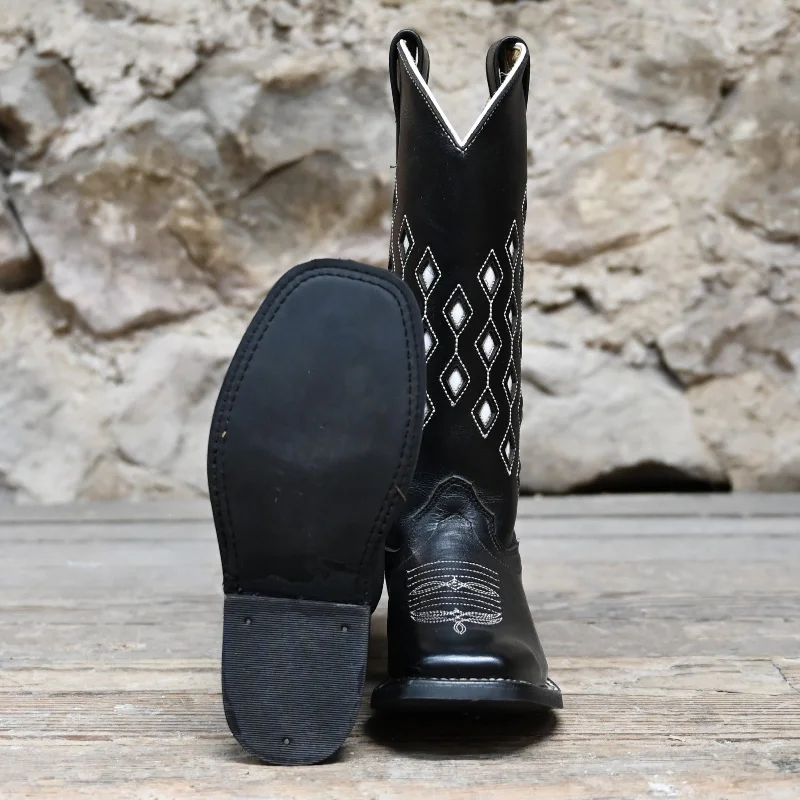 Kid's Tall Top Leather Boot In Black Horsebutt W/White Glove Diamond Inlay