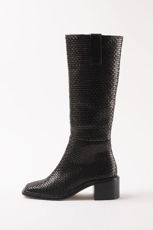 OLIVIA - Black Woven Leather Knee-High Boots