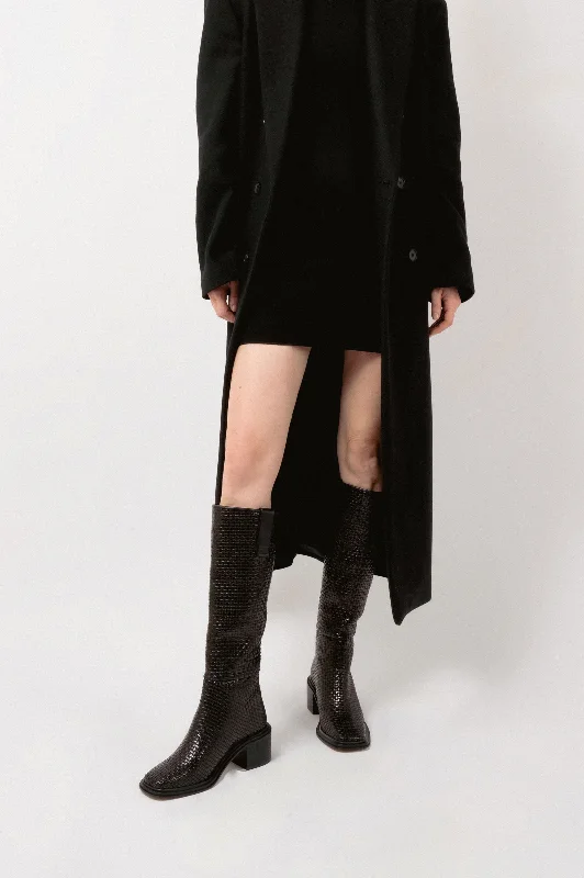 OLIVIA - Black Woven Leather Knee-High Boots