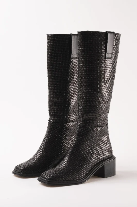 OLIVIA - Black Woven Leather Knee-High Boots