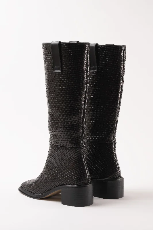 OLIVIA - Black Woven Leather Knee-High Boots