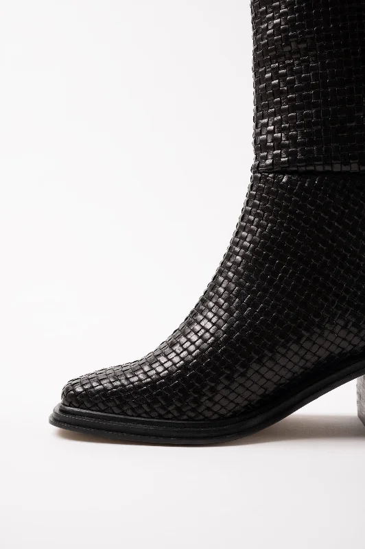 OLIVIA - Black Woven Leather Knee-High Boots