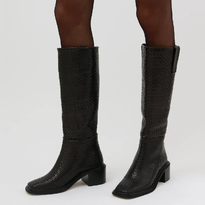 OLIVIA - Black Woven Leather Knee-High Boots