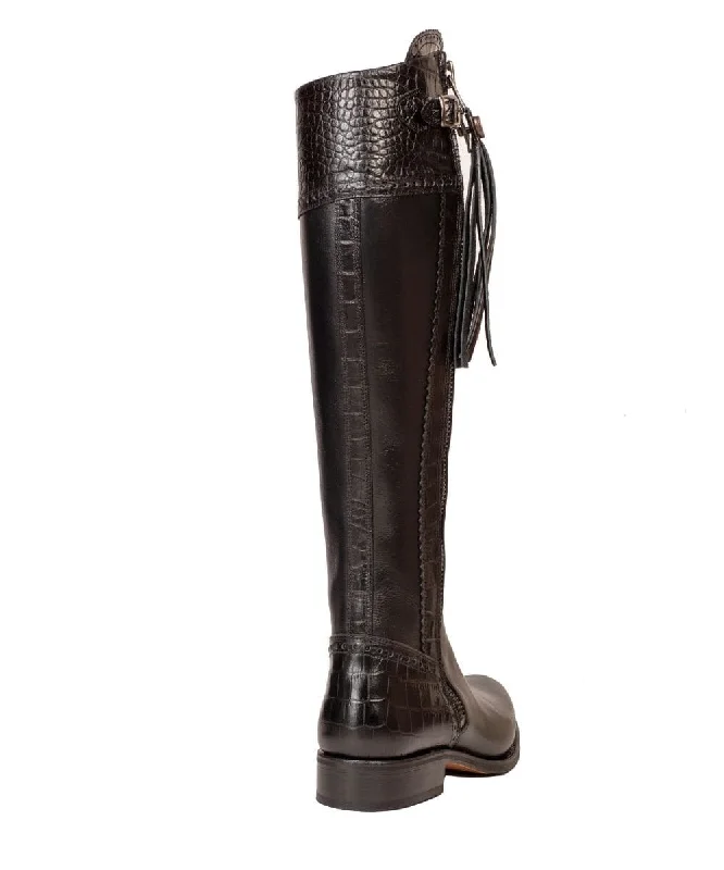 Tall Spanish Riding Boots Mock Croc Leather - Black