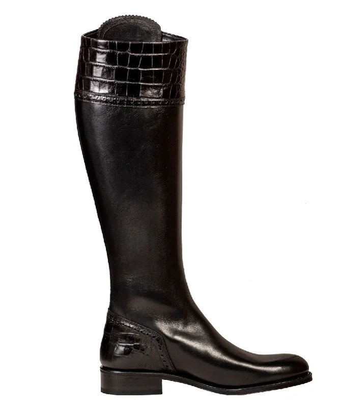 Tall Spanish Riding Boots Mock Croc Leather - Black