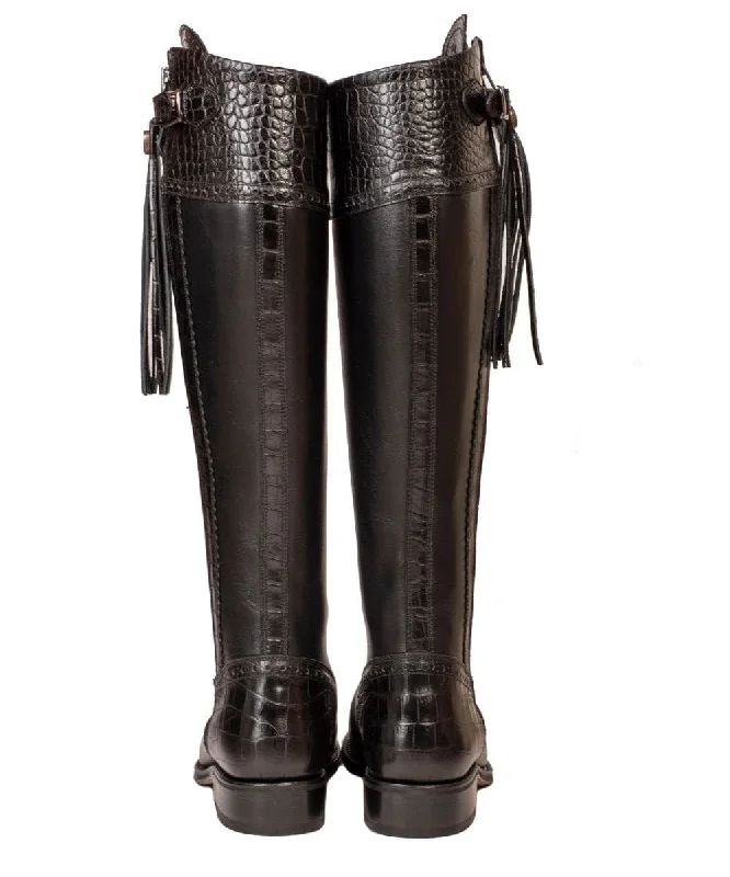 Tall Spanish Riding Boots Mock Croc Leather - Black