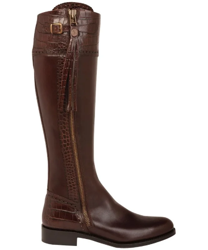 Tall Spanish Riding Boots Mock Croc Leather - Brown