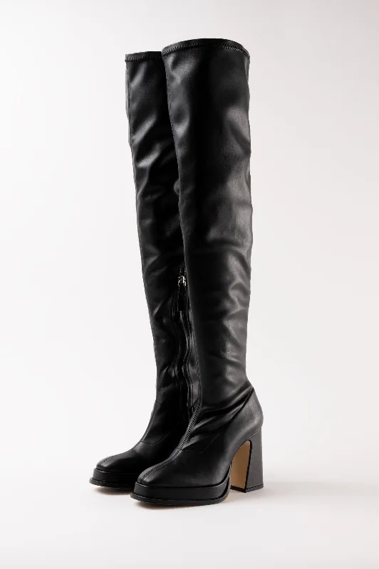 VELVET - Black Faux Stretch Leather Thigh-High Boots