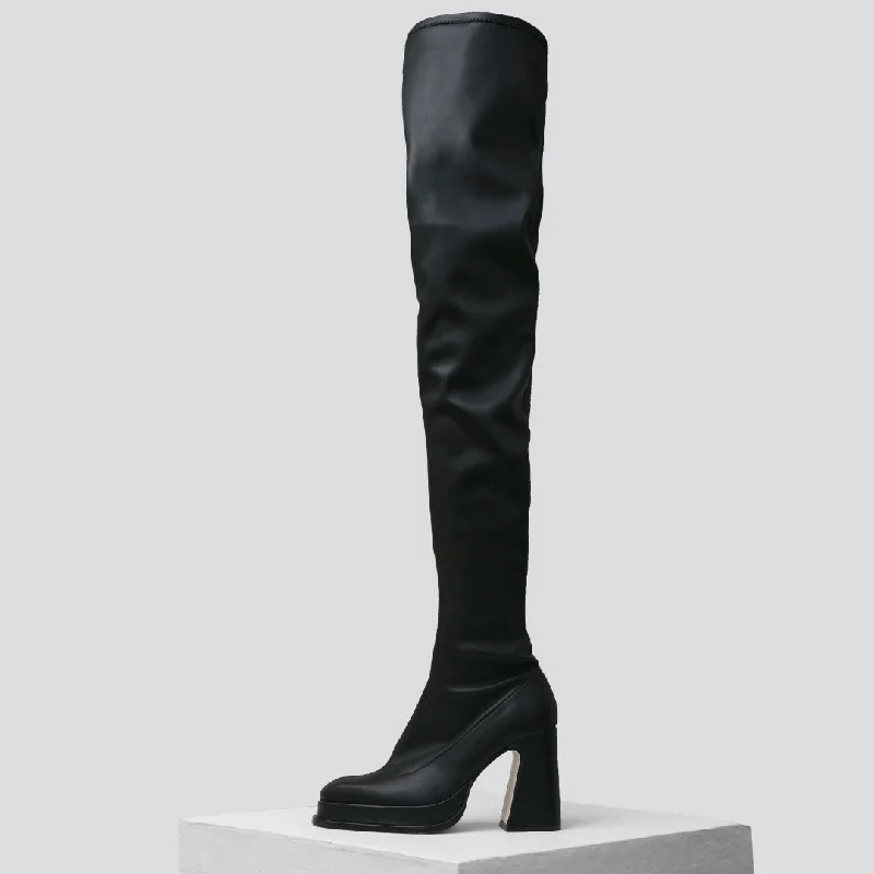 VELVET - Black Faux Stretch Leather Thigh-High Boots