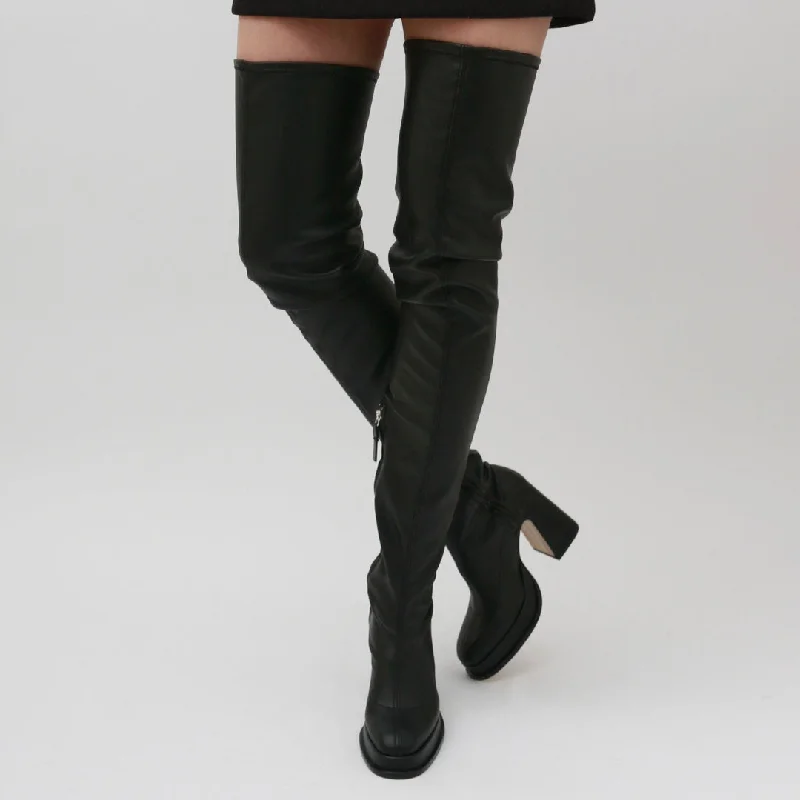 VELVET - Black Faux Stretch Leather Thigh-High Boots