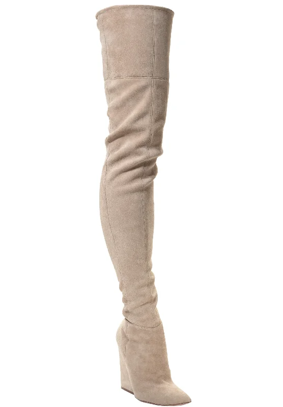 VIX CREAM PIERCED STRETCH SUEDE THIGH BOOTS