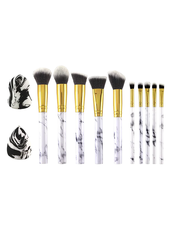 12PC MAKEUP BRUSH SET WITH 2 MAKEUP SPONGES MARBLE