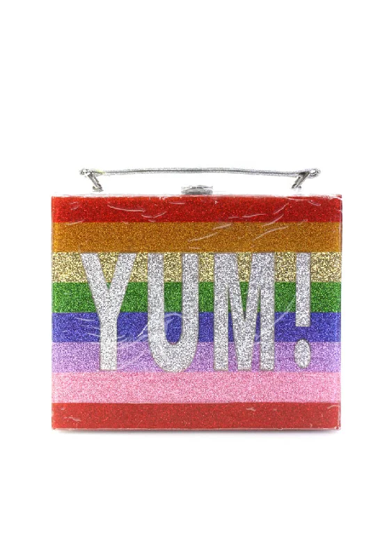 Bari Lynn Womens Glitter Rainbow Striped Resin Yum Cosmetic Case